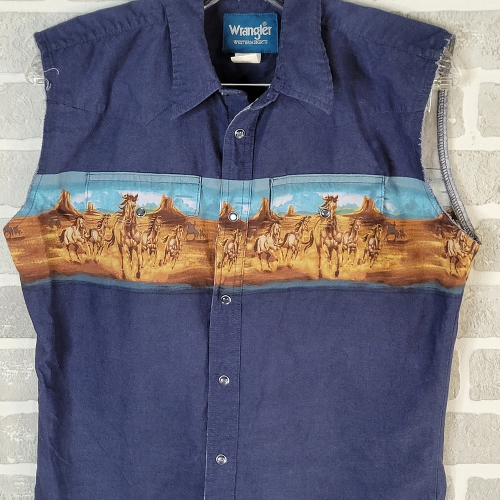 Wrangler Navy Blue Sleeveless Button-Down Shirt with Western Scene - Picture 3 of 9